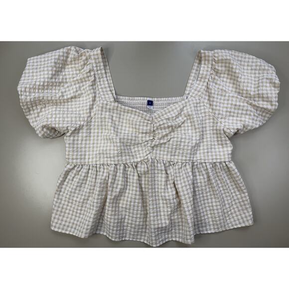 Old Navy Women Puff-Sleeve Smocked Seersucker Babydoll Top 3X Yellow Tan Gingham - Picture 6 of 16